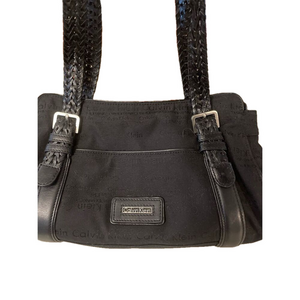 Calvin Klein Women's Black Monogram Logo Shoulder Bag Woven Straps